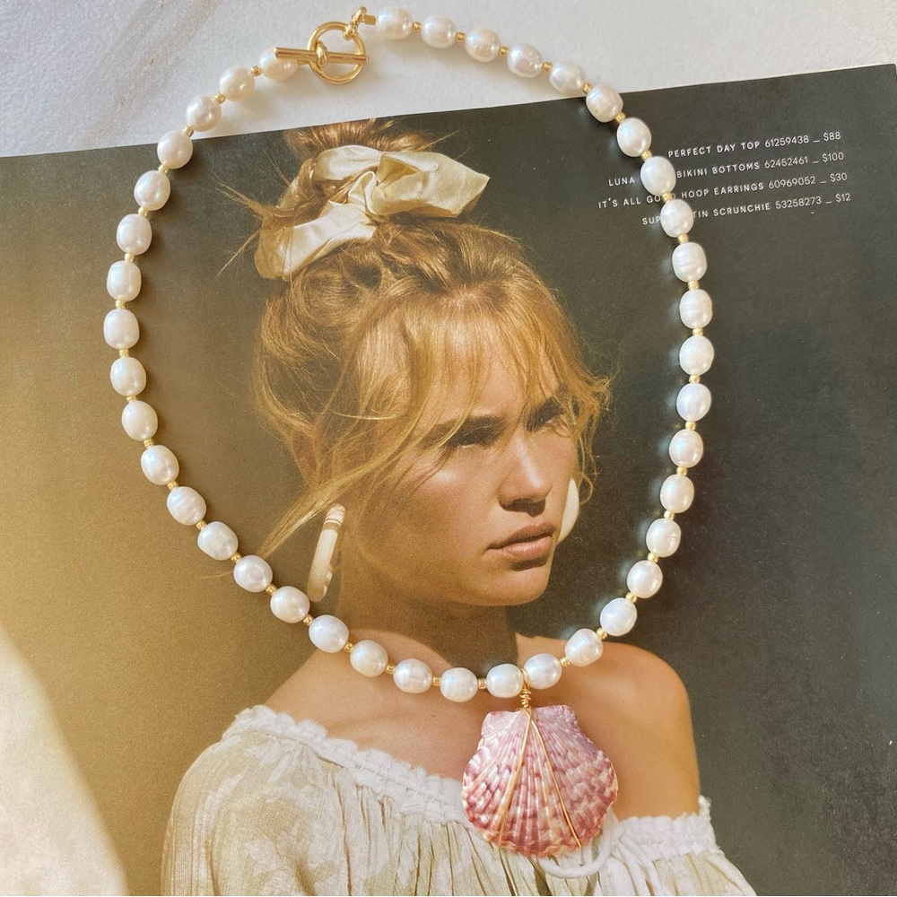 Handmade Freshwater Pearl & Pink Scallop Florida Shell Statement Necklace